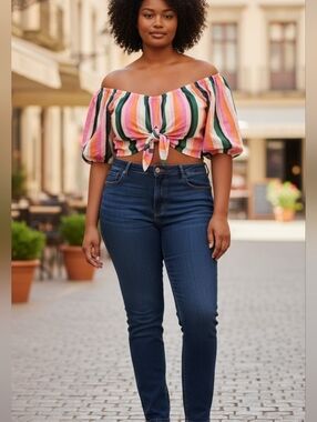 Eloquii Linen Crop Top Size 20 Striped Multicolor Puff Sleeves Knot Front
